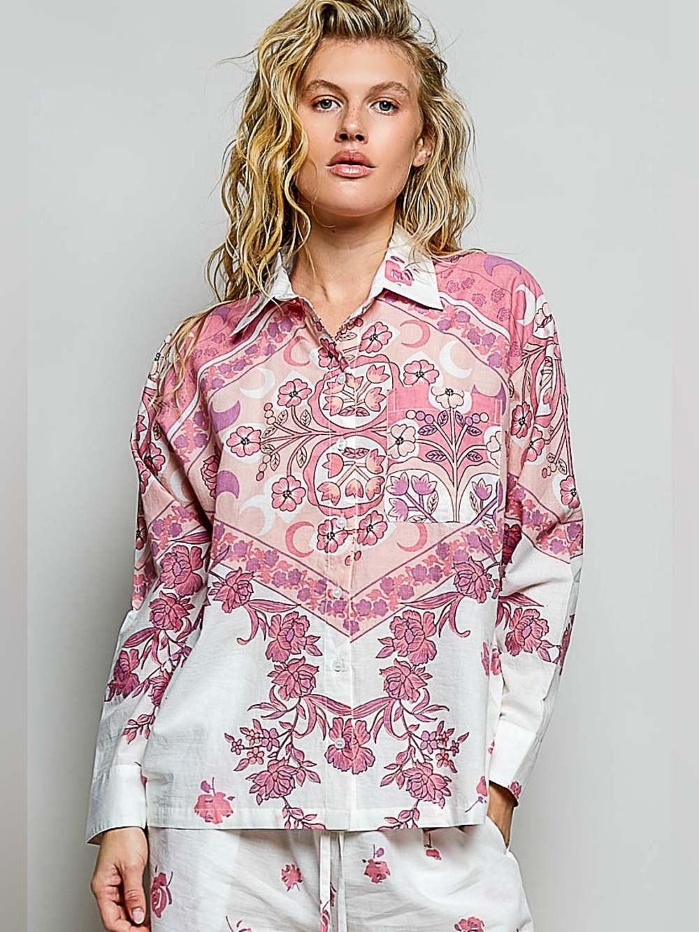 💖Hello Gorgeous! POL Printed Floral Button Down Shirt-Pink
